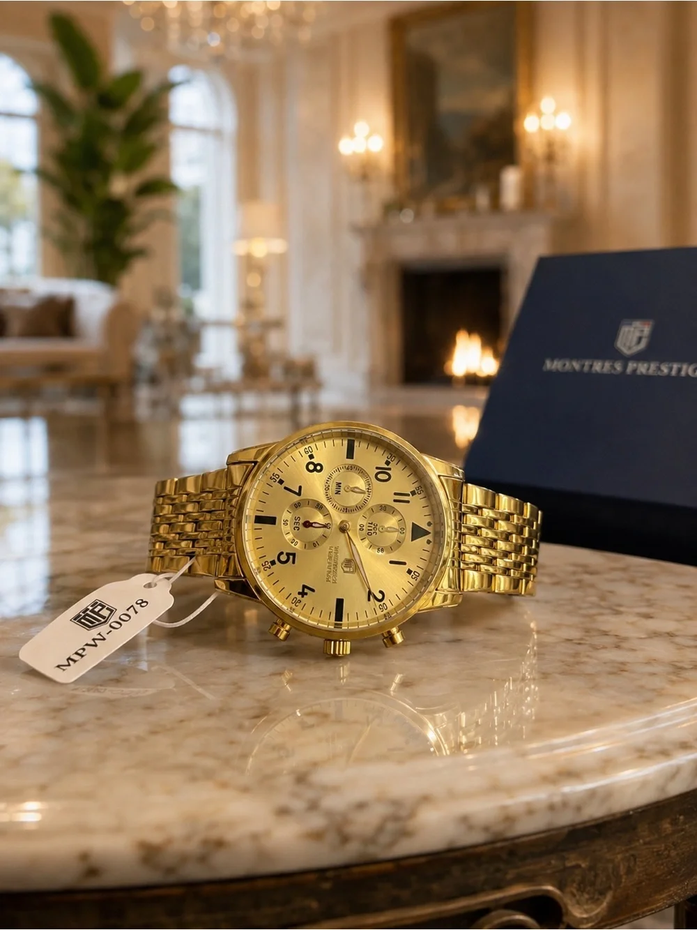 Montres Prestige MPW-0078 Men’s Gold Tone Multi-Dial Watch NWT Box